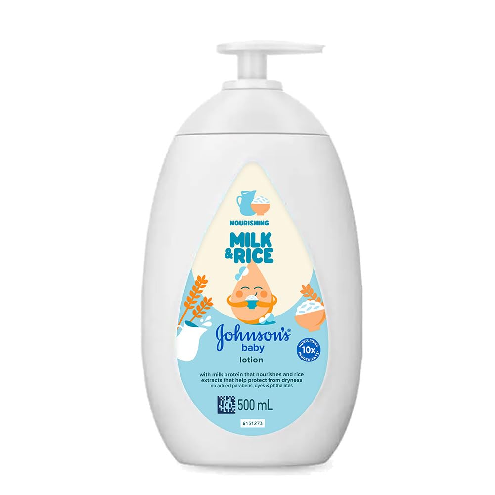 Johnson's Baby Milk & Rice Lotion 500ml | Moisturizes & Nourishes Sensitive Skin | With Milk Protein, Rice Extracts & Multivitamin Complex | Hypoallergenic, pH Balanced | No Parabens or Sulphates