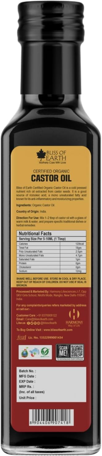 Bliss of Earth 500ML Certified Organic Castor Oil For Hair Growth, Cold Pressed & Hexane Free (Pet bottle)