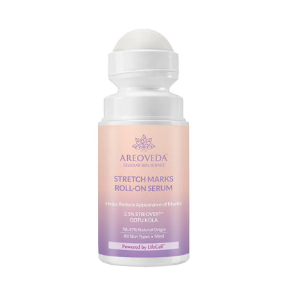 AreoVeda Stretch Marks Roll-On Serum with Gotukola, 3% PENTAVITIN® & 2.5% StrioverTM | Boosts Collagen Synthesis & Skin Elasticity | Fades Stretch Marks in 28 Days | Pregnancy-Safe | 50 ml