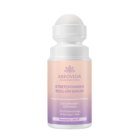 AreoVeda Stretch Marks Roll-On Serum with Gotukola, 3% PENTAVITIN® & 2.5% StrioverTM | Boosts Collagen Synthesis & Skin Elasticity | Fades Stretch Marks in 28 Days | Pregnancy-Safe | 50 ml