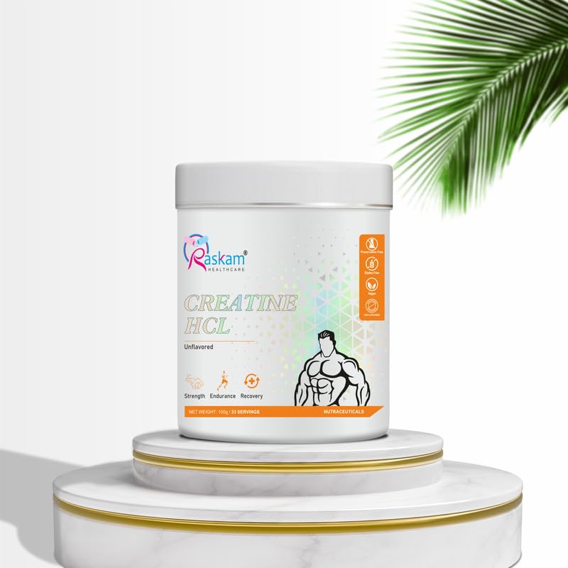 White container of Raskam Creatine HCL on a white background with a palm leaf.