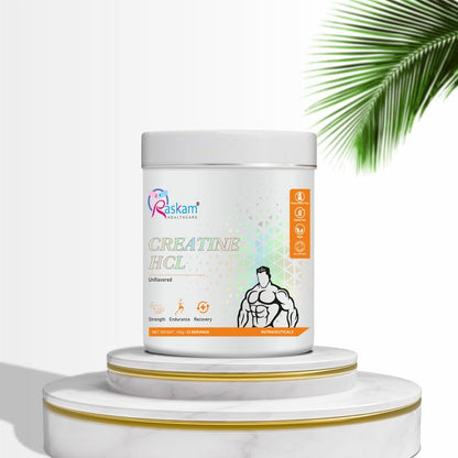 White container of Raskam Creatine HCL on a white background with a palm leaf.