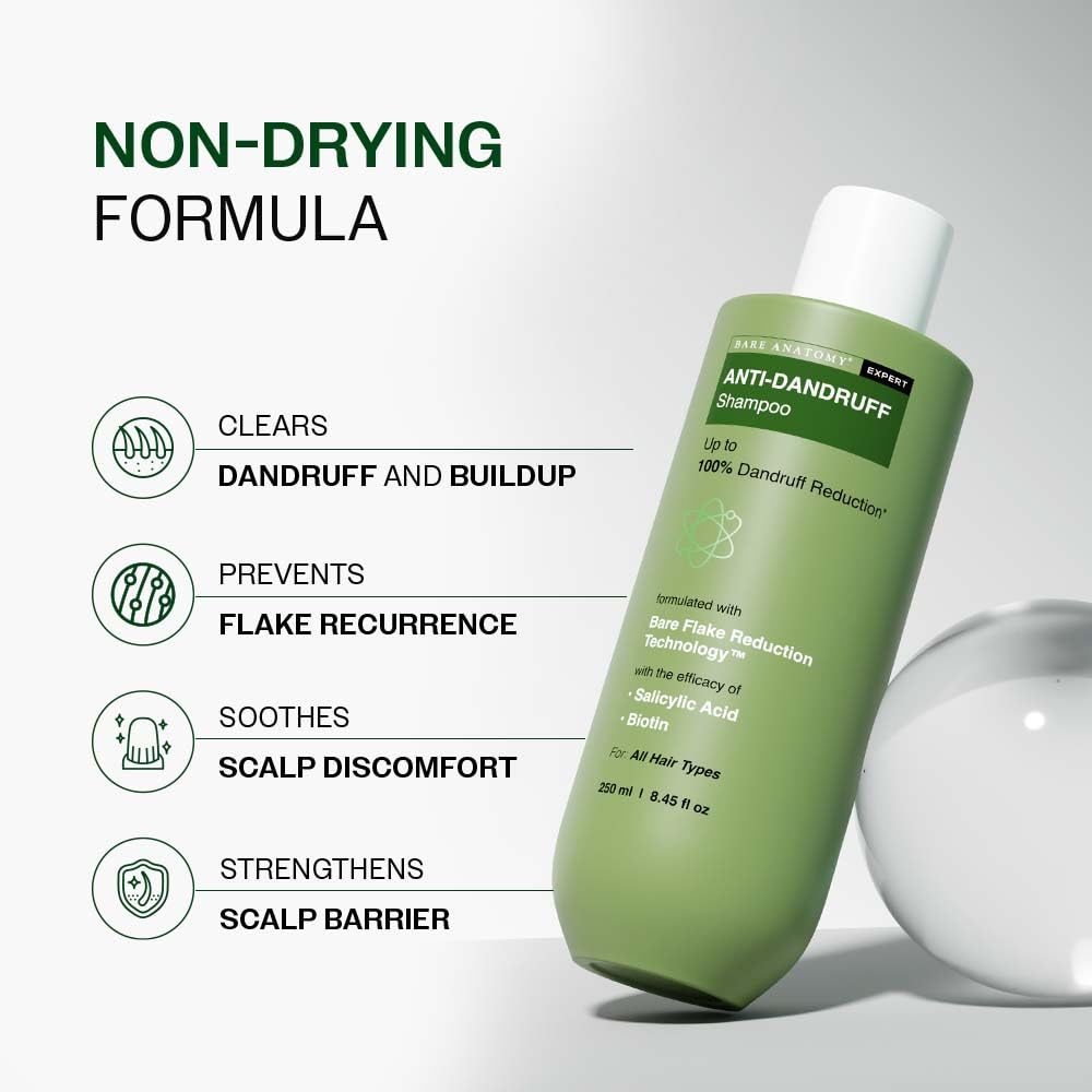 Bare Anatomy Anti-Dandruff Shampoo | Up To 100% Dandruff Reduction | ZPTO-Free | pH 5.3 | Salicylic Acid, Piroctone Olamine, Biotin & Menthol | Non-Drying Formula | Suitable for Men & Women | 250 ml