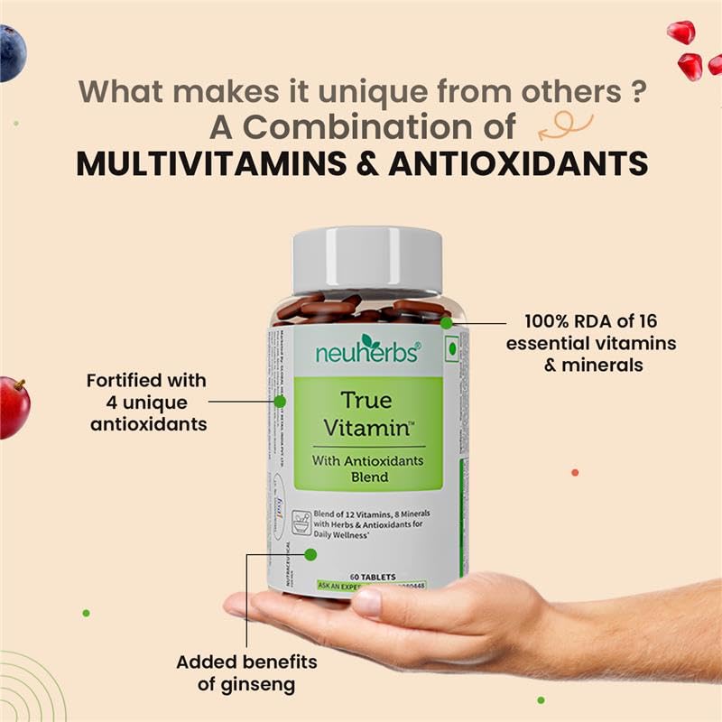 Neuherbs True Vitamin With Iodine Multivitamin With Zinc, Vitamin C, Vitamin-D, Gingseng, Ginkgo Biloba, Coenzyme Q-10, Lutein & Choline For Men And Women