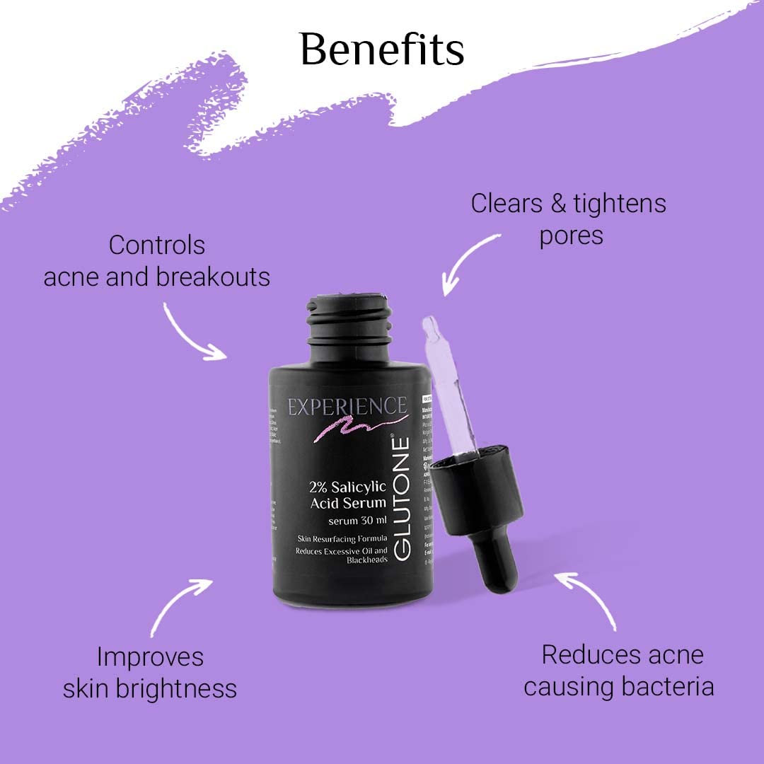 Glutone 2% Salicylic Acid Serum bottle with dropper on a purple background with text highlighting benefits.