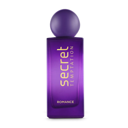 Purple perfume bottle labeled 'Secret Temptation Romance' on a white background