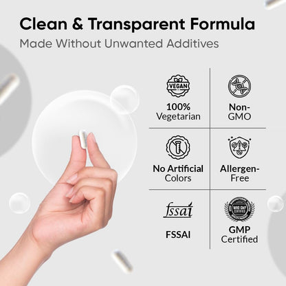 Product packaging with a hand holding a white container, featuring certification logos for clean and transparent formula.