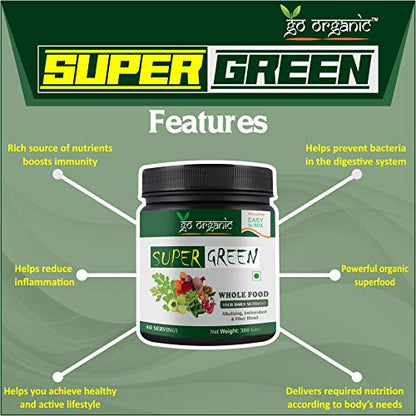Go Organic Super Green powder Supergreens Raw Plant-Based Nutrition, Organic Spirulina, Chlorella, Acerola & Other Alkalizing And Antioxidant Fruits & Vegetables, Lemongrass & Stevia 300Gm