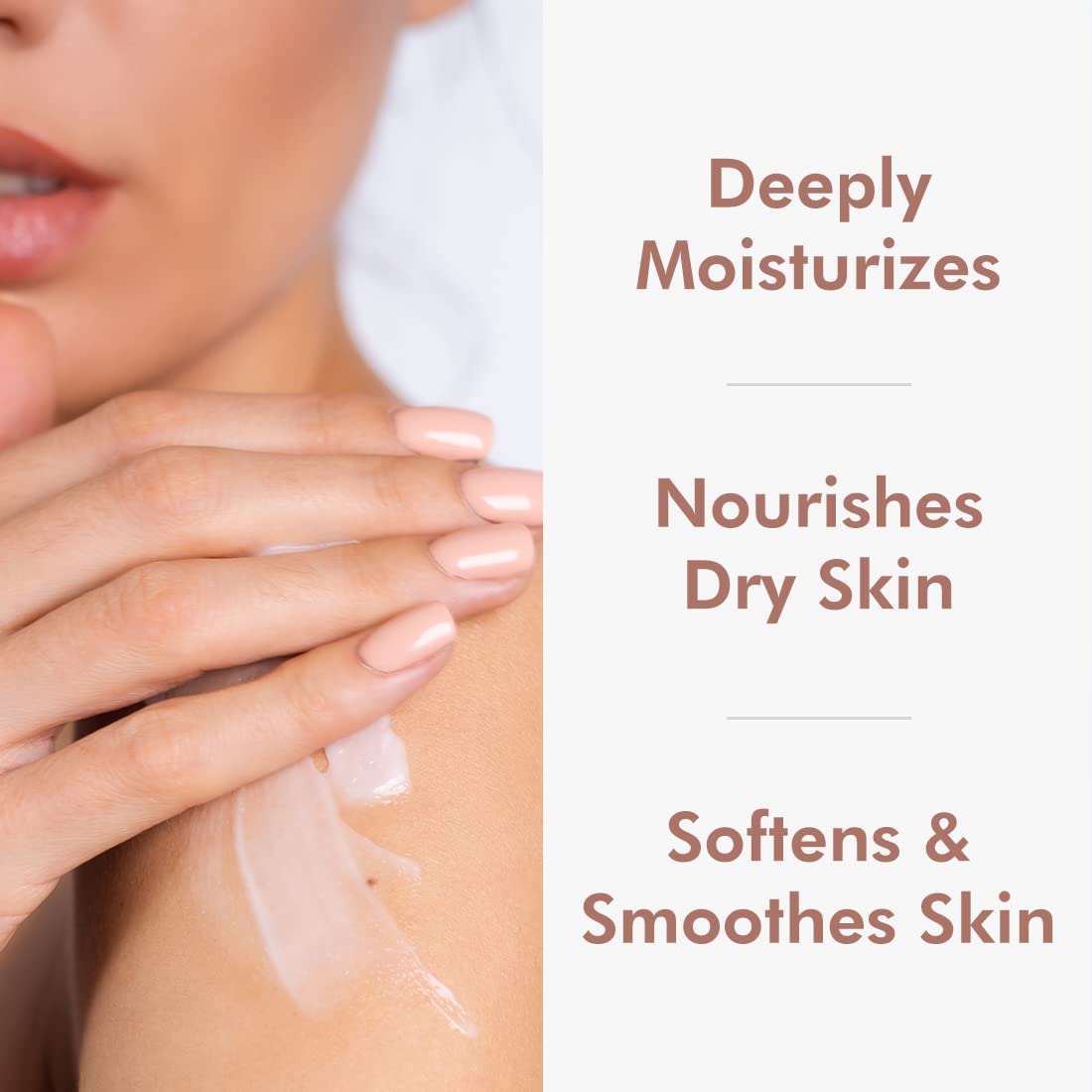 Person applying cream to their arm with text highlighting skin care benefits.