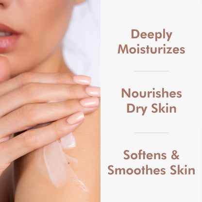 Person applying cream to their arm with text highlighting skin care benefits.