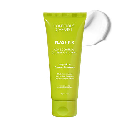 Green tube of Conscious Chemist Flashfix Acne Control Oil-Free Gel Cream on a white background
