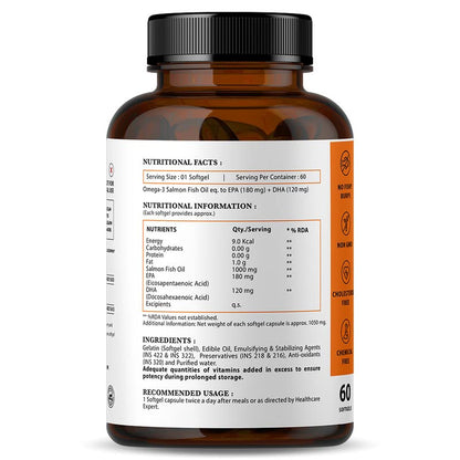 Nirvasa Omega-3 Salmon Fish Oil Capsules (1000mg, 60 Softgels) | High-Potency 180mg EPA & 120mg DHA | Supports Heart, Brain, Eye & Bone Health | No Fishy Burps | For Men & Women