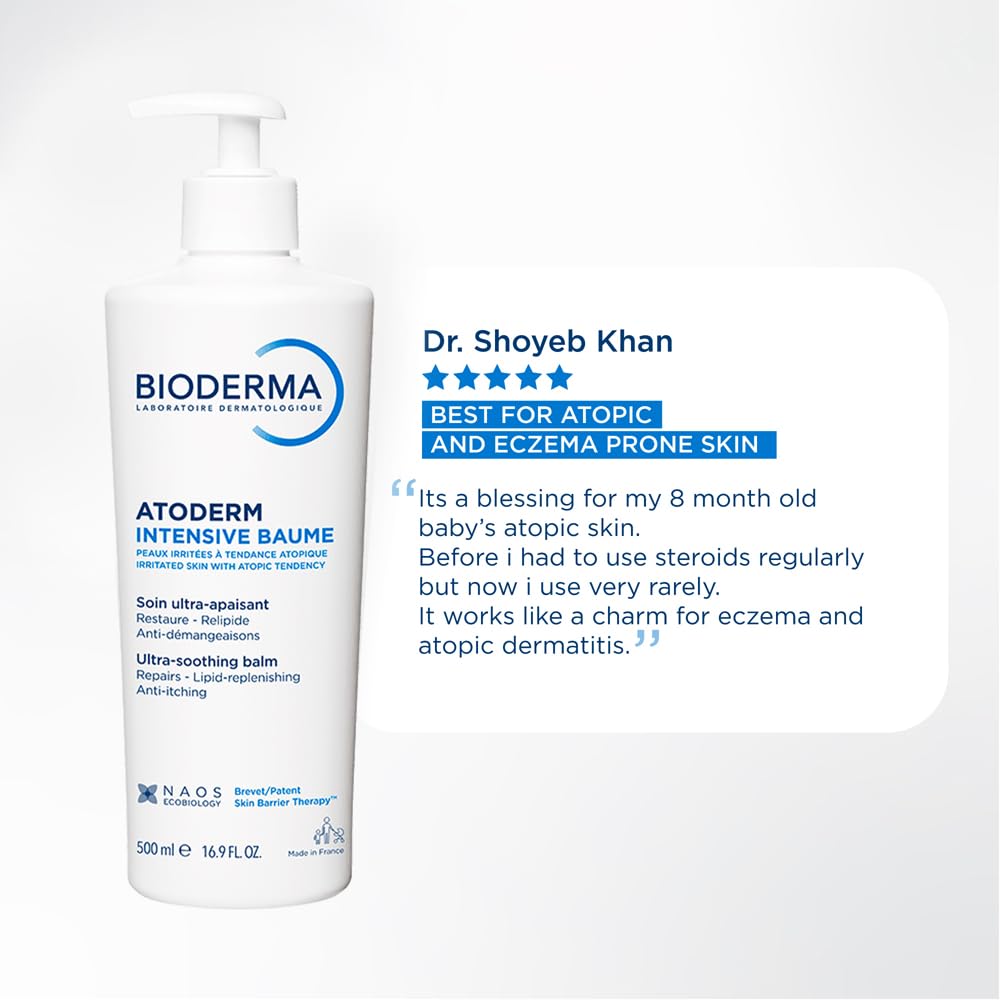 Bioderma Atoderm Intensive Baume bottle with positive review text on a white background