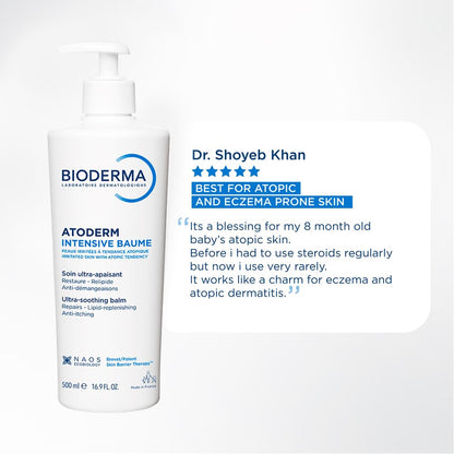 Bioderma Atoderm Intensive Baume bottle with positive review text on a white background