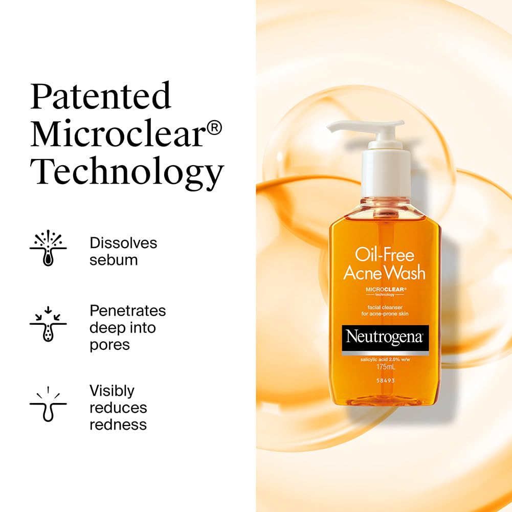 Neutrogena Oil-Free Acne Wash bottle with patented microclear technology text on a white background