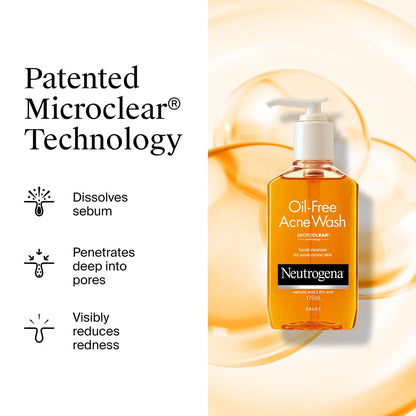 Neutrogena Oil-Free Acne Wash bottle with patented microclear technology text on a white background