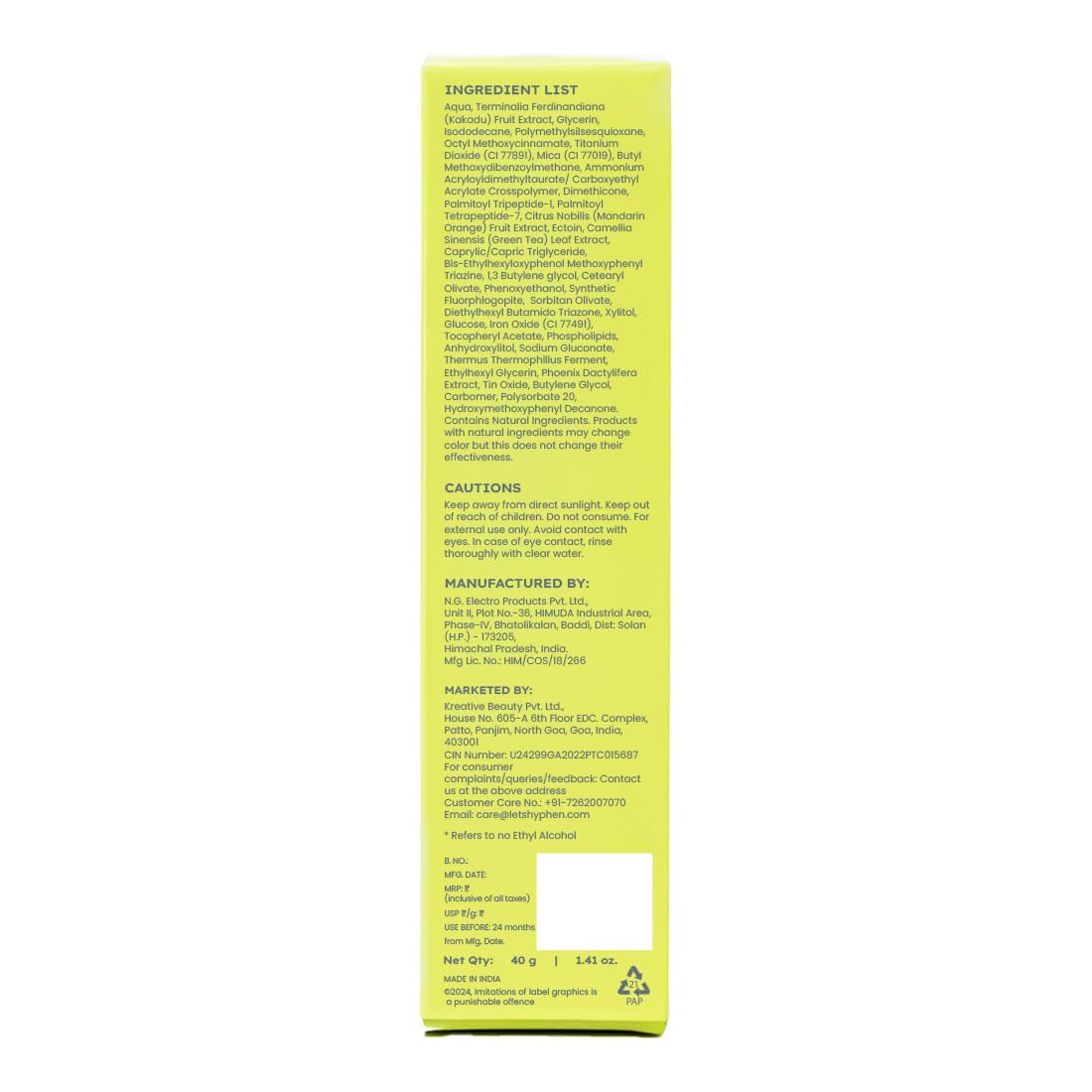 Yellow ingredient list and manufacturing information card on a white background