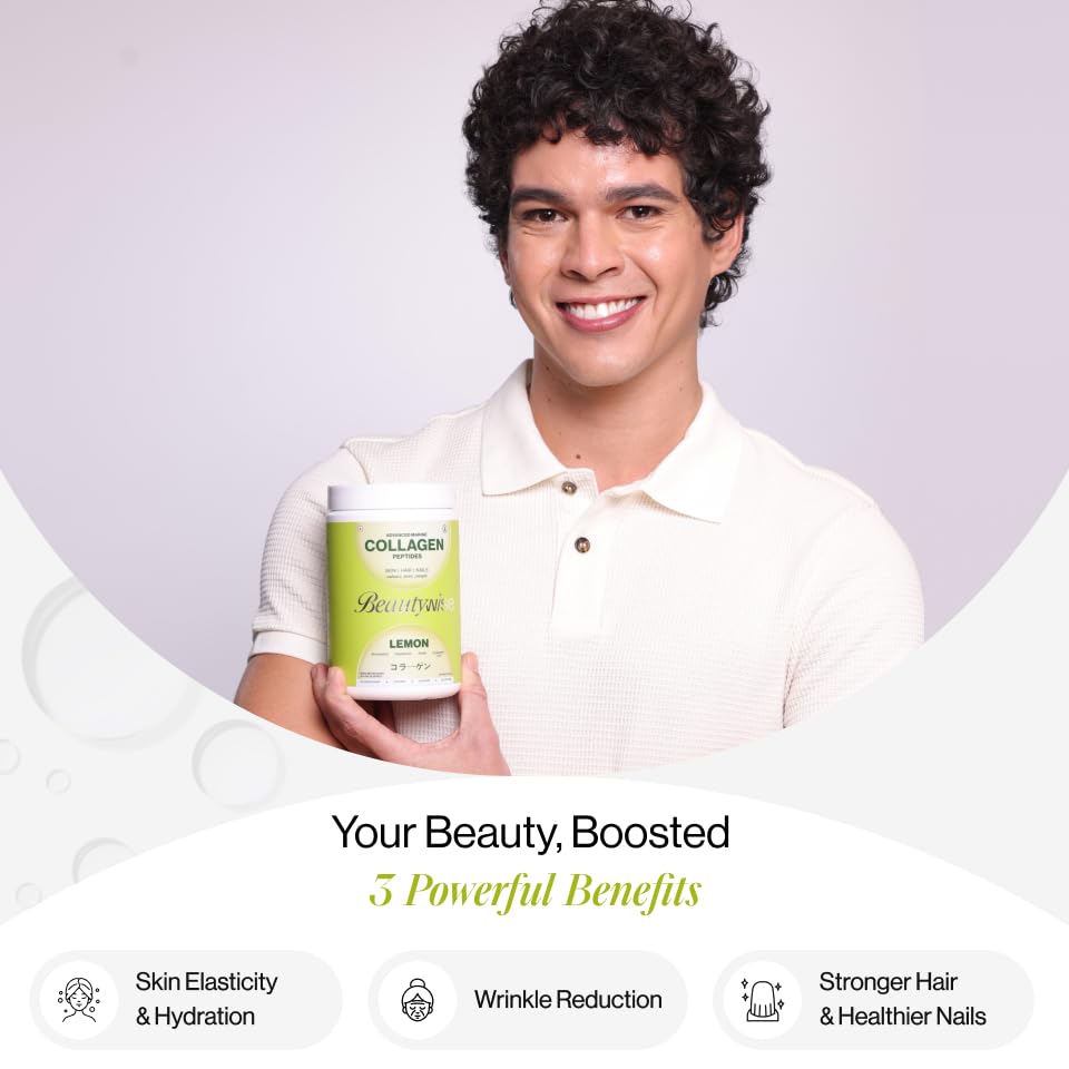 Beautywise Advanced Hydrolyzed Japanese Marine Collagen with Glutathione | For Radiance, Hydration, Youthful Skin | Fast-Absorbing 200gm, Clinically Proven | Skin, Hair & Nails | Lemon (25 Servings)