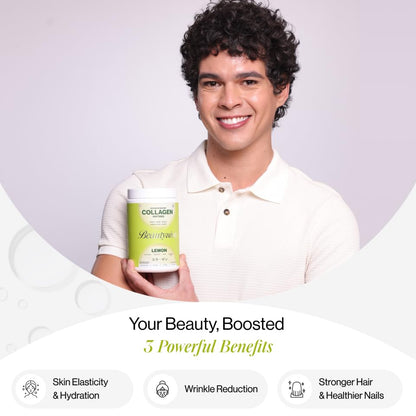 Beautywise Advanced Hydrolyzed Japanese Marine Collagen with Glutathione | For Radiance, Hydration, Youthful Skin | Fast-Absorbing 200gm, Clinically Proven | Skin, Hair & Nails | Lemon (25 Servings)