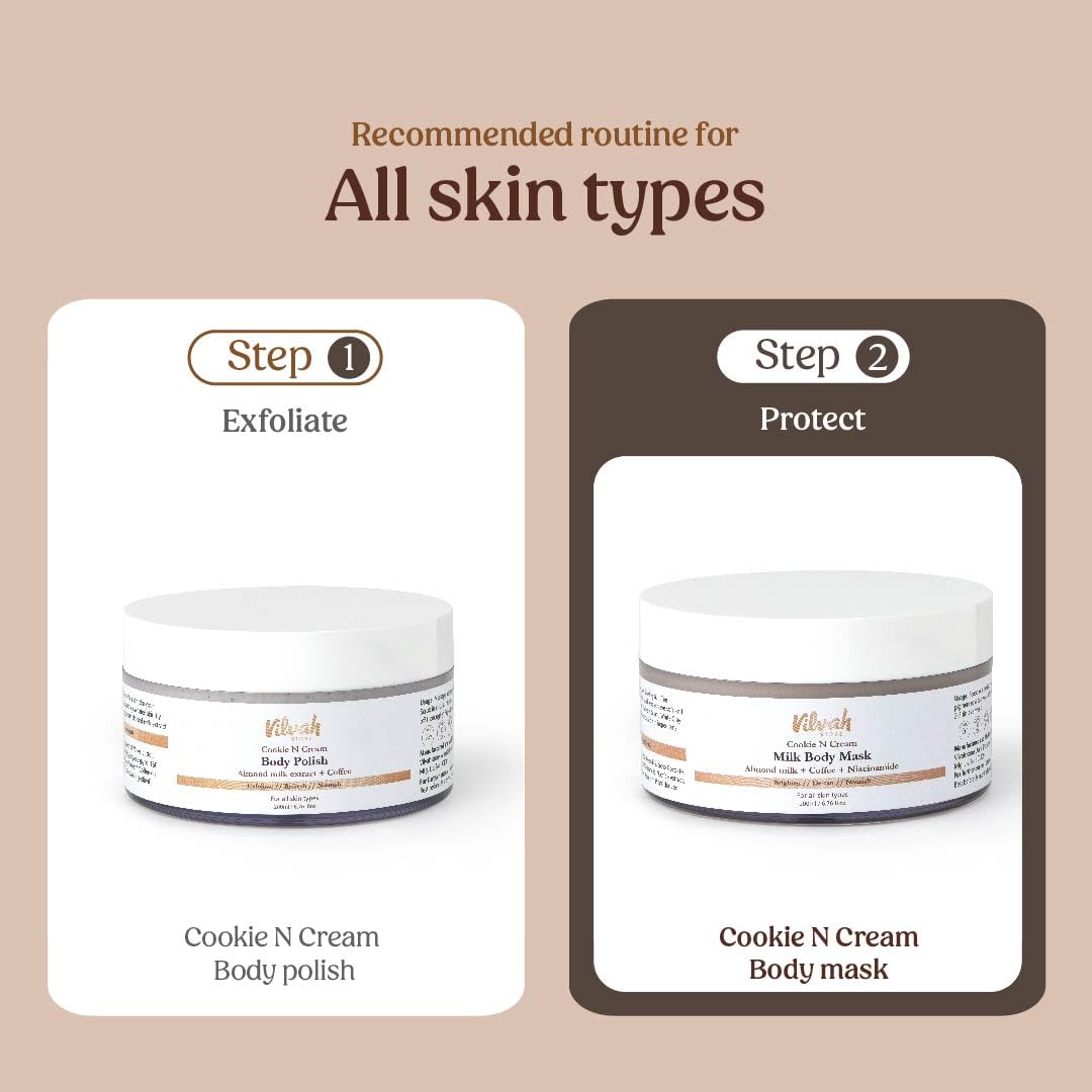 Vilvah Cookie N Cream Body Mask | Tan Removal & Brightening Body Pack | Reduces Pigmentation, Dark Patches & Body Acne | With Almond Milk, Coffee, Niacinamide & Kaolin Clay | 200ml
