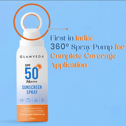 Glamveda Body Sunscreen Spray SPF 50 PA+++, Broad Spectrum UVA/UVB and Blue Light Protection, With Ceramides Peptides and Niacinamide, Quick Absorbing Waterproof Formula, No White Cast, For Men and Women, 100 gm