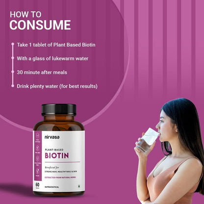 Nirvasa Plant-Based Biotin Tablets (60 Tabs) | Hair, Skin & Nail Support | Hair Fall Control, Glowing Skin, Stronger Nails | Improve Energy, Strength & Overall Health | For Men & Women