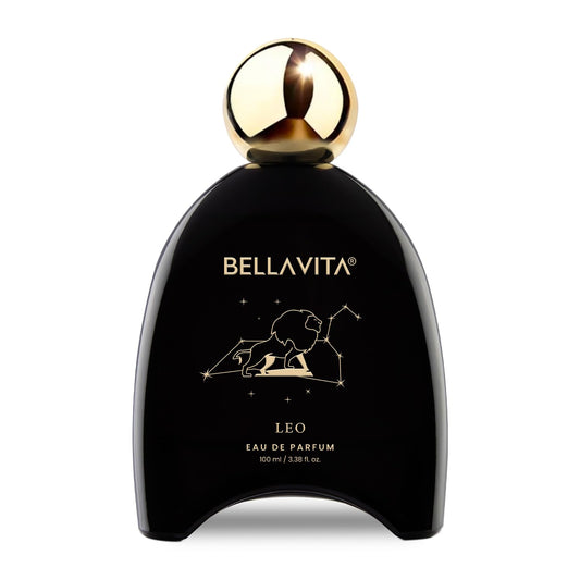 Black Bellavita perfume bottle with gold cap on a white background