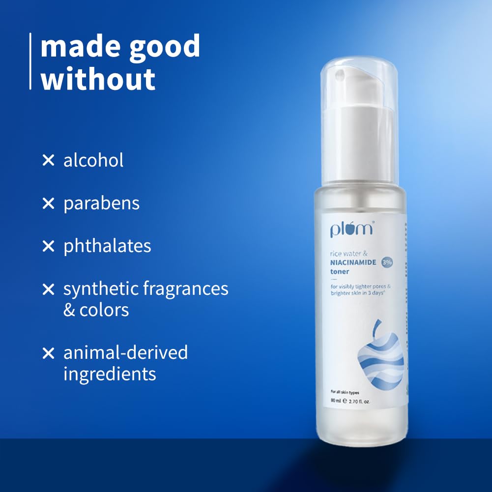 Plum 3% Niacinamide & Rice Water Face Toner | With Rice Ferment Extract | Alcohol-Free Toner | Tightens pores, Brightens Skin | Smoothens Skin | Fragrance-Free | 80 ml