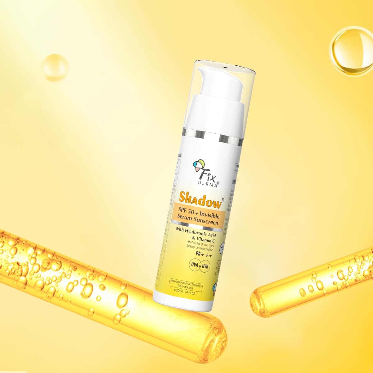 FIXDERMA Shadow Invisible Serum Sunscreen SPF 50+ PA+++|Ultra Lightweight Transparent Sunscreen with Vitamin C & Hyaluronic Acid|No White Cast|For All Skin Types|For Men & Women|Airless Pump 30 ML
