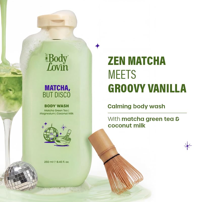 Plum BodyLovin’ Matcha, But Disco Body Wash | Calming & Smoothening Shower Gel | Match Green Tea, Magnesium & Coconut Milk | Lactonic Matcha Fragrance | 250 ml