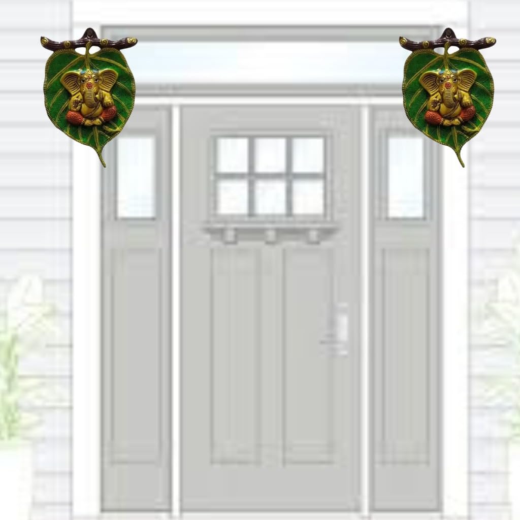 Kalakriti Metal Paan Leaf Ganesh Hanging God Idols for Pooja | Home Decor | Diwali | Festival | Decorative Platter | Showpiece | Wedding | Pack of 2 Green