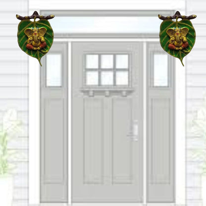 Kalakriti Metal Paan Leaf Ganesh Hanging God Idols for Pooja | Home Decor | Diwali | Festival | Decorative Platter | Showpiece | Wedding | Pack of 2 Green