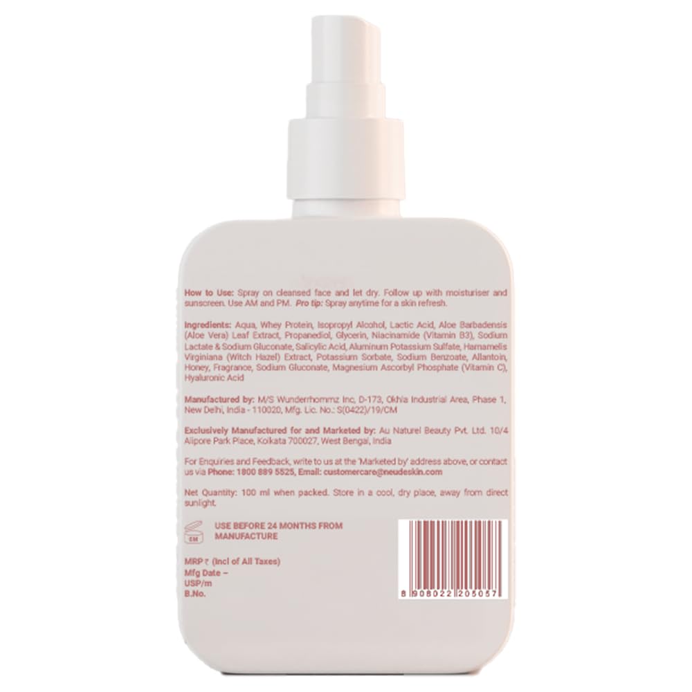 Be Neude Niacinamide Face Toner - 100 ml with Whey Protein Milk Peptides and 2% Salicylic Acid for Oil and Acne Prone Skin, Hydrating, Fades, Blemishes, Brightens and Tightens Pores