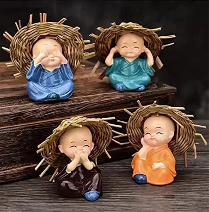 Set of 4 Baby Hat Monk Buddha Idols Showpiece for Car Dashboard Idols/Home Decorative Showpiece & Gifting Ideas Car Dashboard Accessories Size - 6.5Cm
