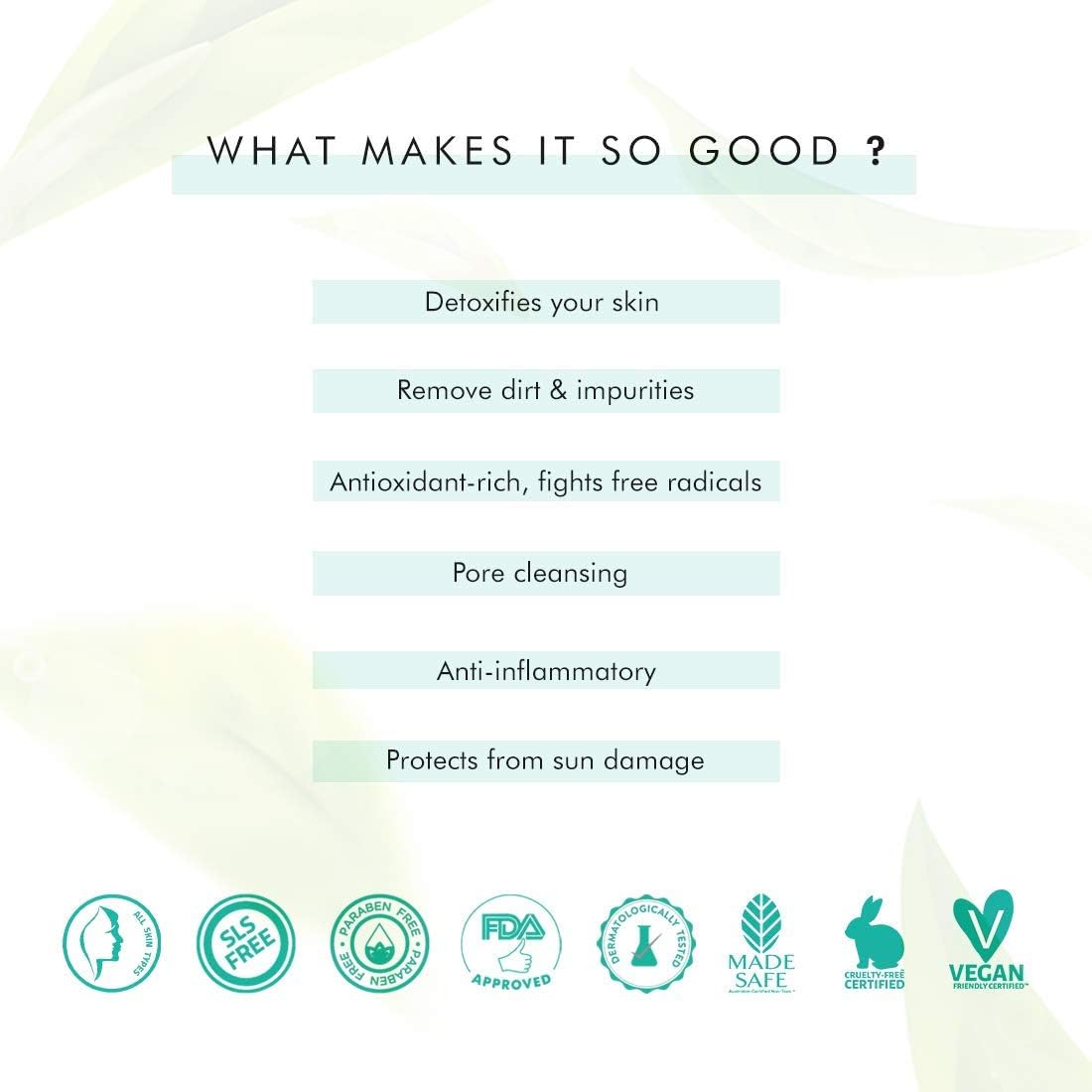 List of benefits and certifications related to skincare on a light background