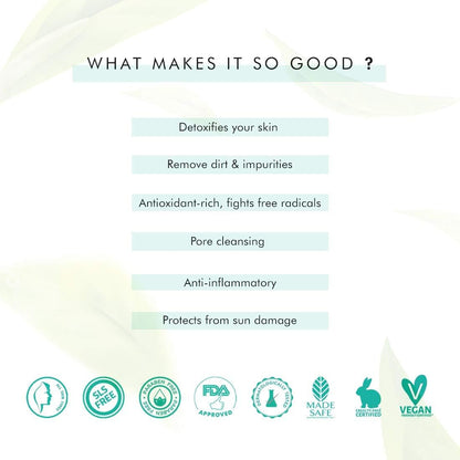 List of benefits and certifications related to skincare on a light background