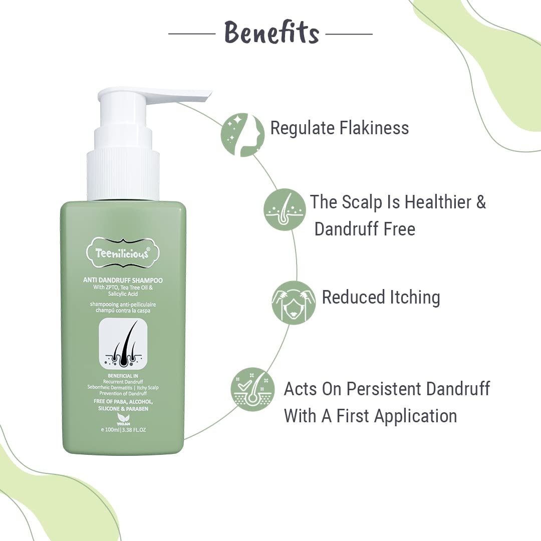 Teenilicious Anti Dandruff Shampoo for Women & Men | Natural Tea Tree Oil with 1.0% Salicylic Acid | Shampoo for Dandruff and Itchy Scalp | Free from Alcohol, Silicones, Paraben & Sulphates - 100ml