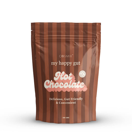 Packaged hot chocolate mix with striped design on a white background