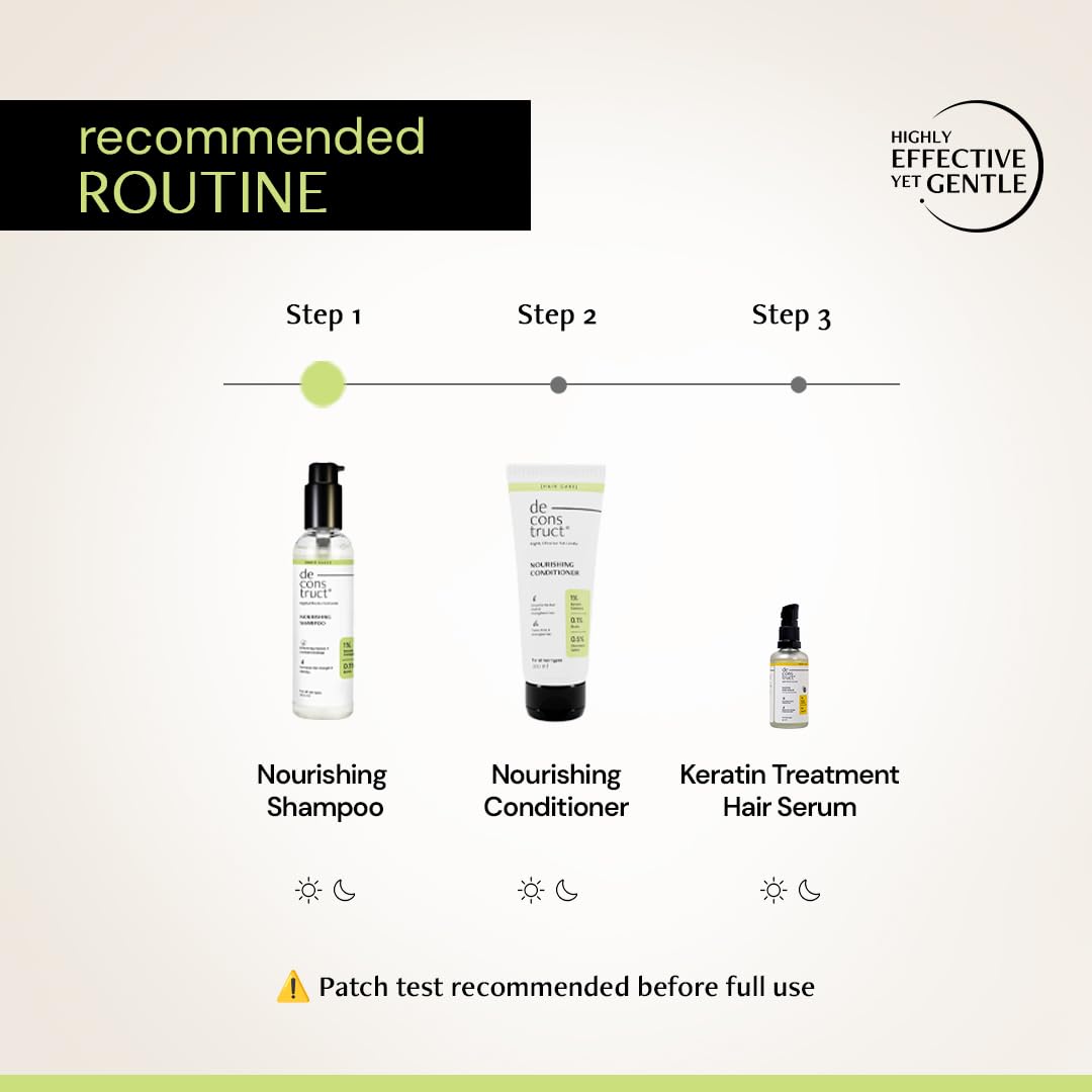 Hair care product routine with shampoo, conditioner, and serum on a beige background