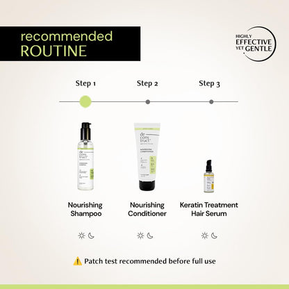 Hair care product routine with shampoo, conditioner, and serum on a beige background