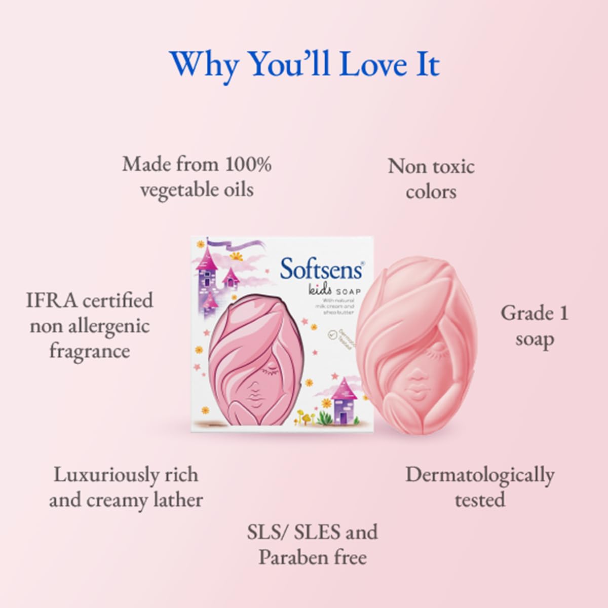Softsens Kids Soap Princess 75g | Gentle Nourishing Care with Shea Butter & Natural Milk Cream, Dermatologist Tested Baby Soap, Moisturizing Fun Shape Bar Soap For Toddlers & Kids 2-10 Years