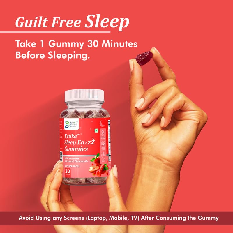 Frigga Sleep Eazzz Gummies packaging with a hand holding a gummy against a red background