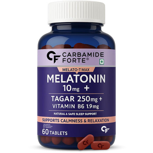 Carbamide Forte Melatonin 10 mg Sleeping Pills with Tagar 250 mg | Sleep Supplement for Men & Women | Melatonin Tablet for Restful Deep Sleeps - 60 Veg Tablets.