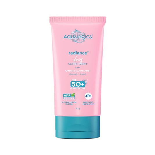 Aqualogica Radiance+ Dewy Sunscreen Gel SPF 50+ PA++++ | Lightweight texture for oily , combination , acne prone skin | Broad spectrum protection | In-vivo Tested | No white cast , Non greasy | For Men & Women | 30g