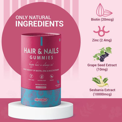 Nirvasa Hair & Nail Gummies with Biotin (60 Gummy) | Supports Healthy Hair, Strong Nails & Glowing Skin | Sugar-Free, Mixed Berry Flavor | Ideal Daily Supplement for Men & Women
