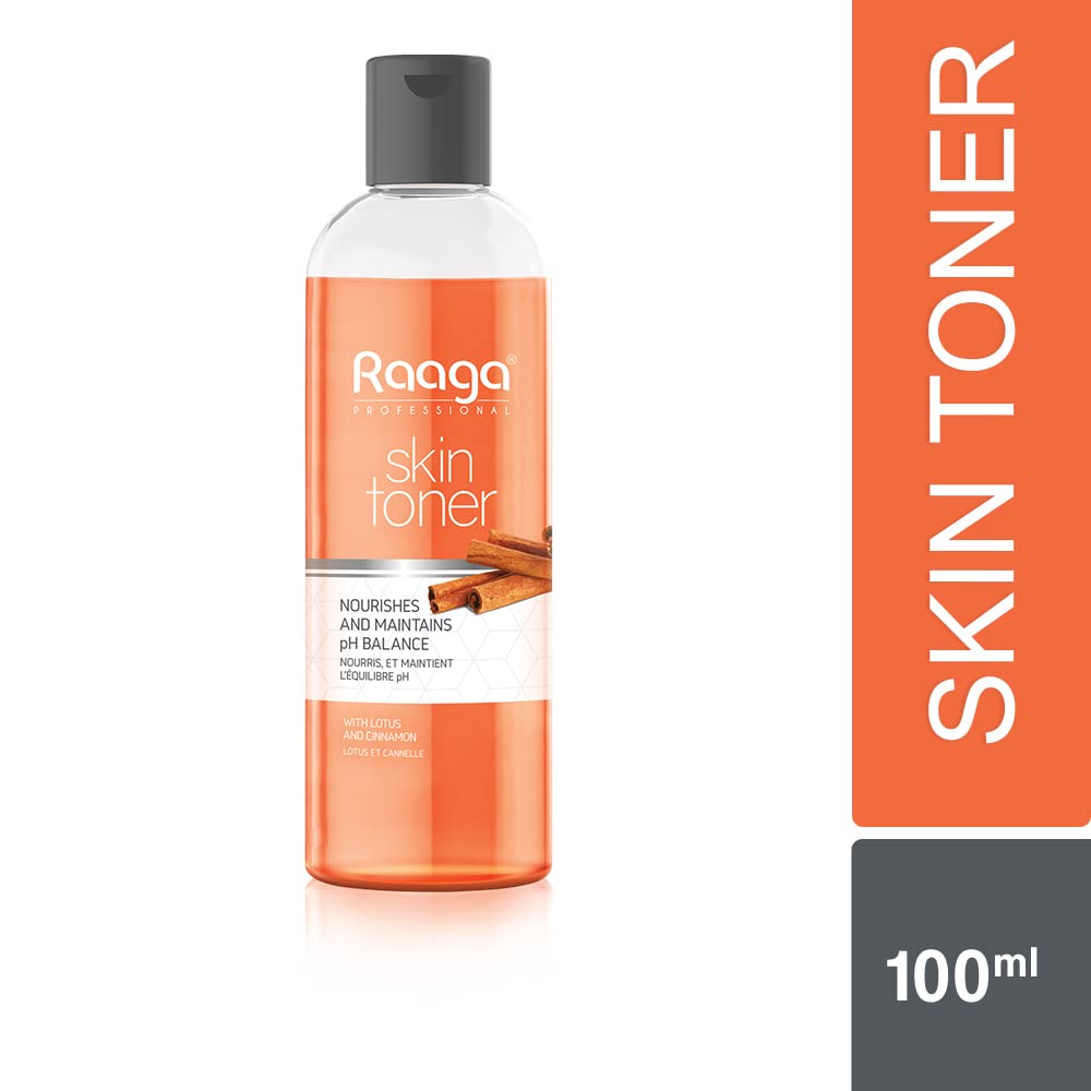 Raaga skin toner bottle with orange label on a white background