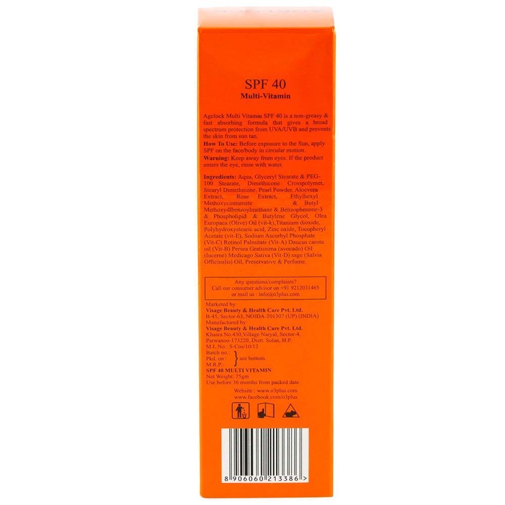 O3+ Agelock Multi Vitamin Sunscreen SPF 40 with Flower and Herb Extracts | UVA/UVB PA+++ (75gm)