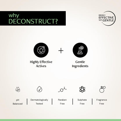 Product label with icons and text about highly effective actives and gentle ingredients, pH balance, dermatological testing, paraben-free, sulfate-free, and fragrance-free properties.