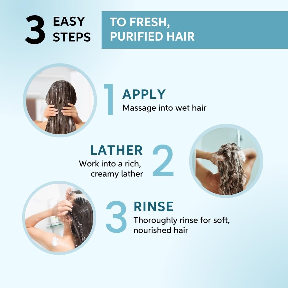 Three-step hair care process with images of a person washing their hair.