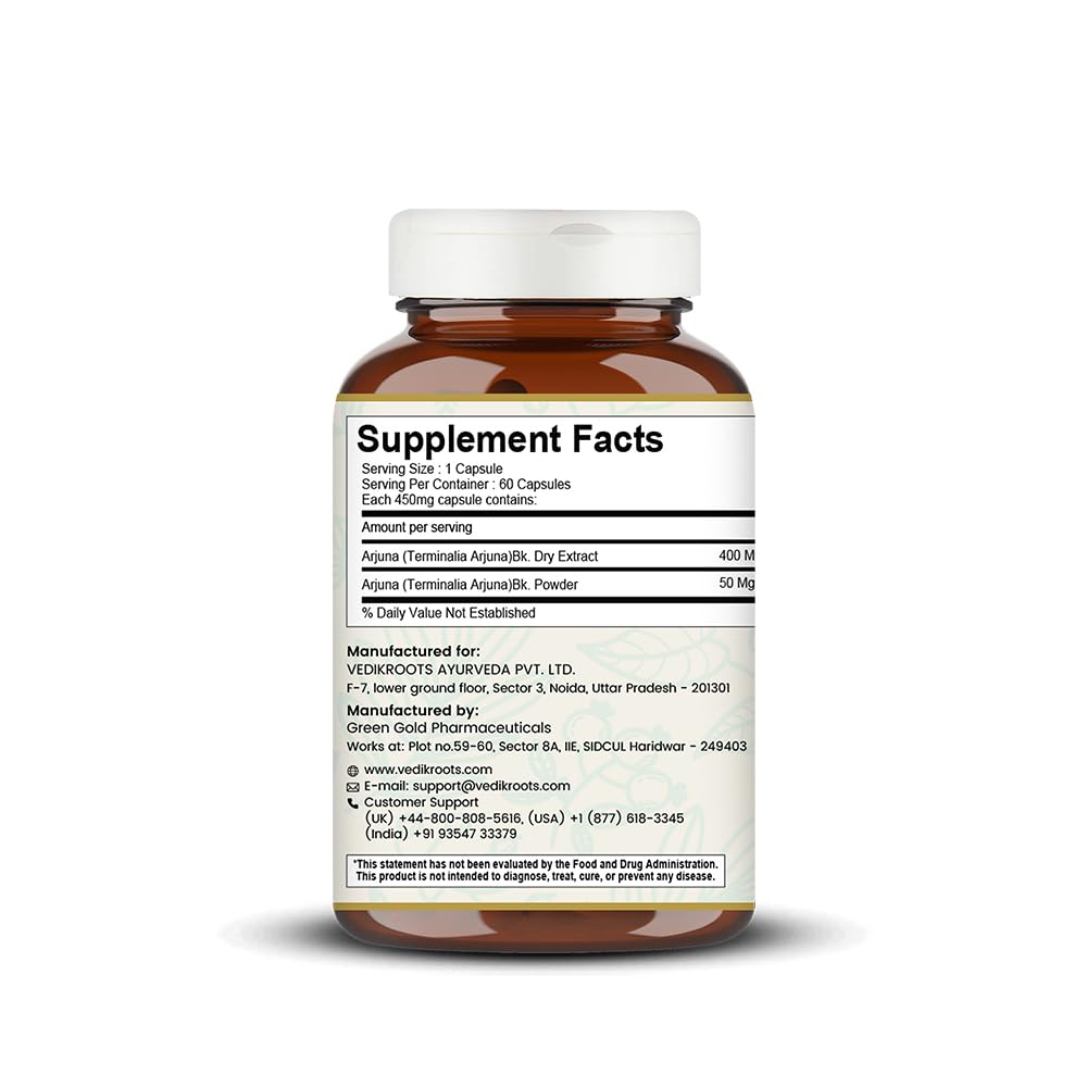 Arjuna 60 Capsules 450 mg Organic | Terminalia Arjuna | For Healthy Heart | Herbal Supplements (Pack of 1)